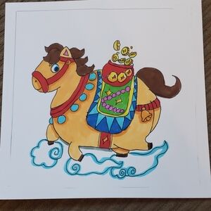Colorful Cartoon Horse "GETTING RICH" Handmade Art Print